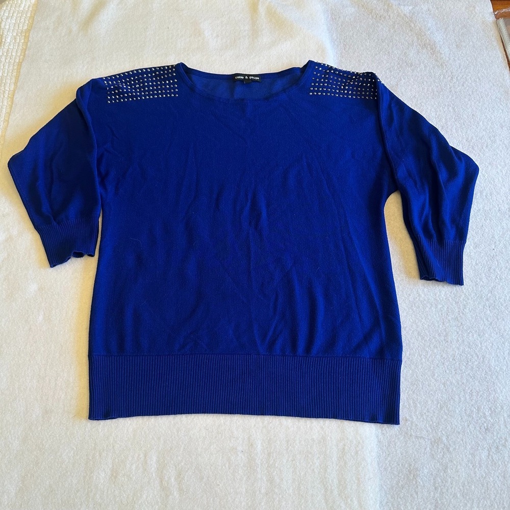 Cable & Gauge Blue Studded Shoulder 3/4 Sleeve Pullover Sweater Womens M